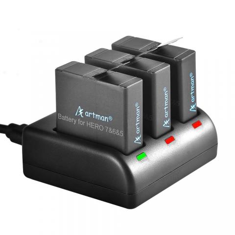 Artman 3-pac 1480mah Replacement Batteries for GoPro Hero 5/6/7/8 Black and 3-Channel LED USB Charger